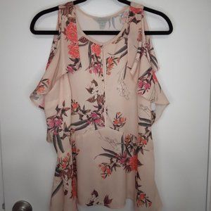 Belle + Sky Pink Floral Flutter Cold Shoulder Blouse - Size M